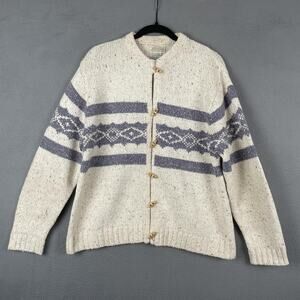 Vintage St Johns Bay Sweater Womens XL Beige Blue Fair Isle Button Cardigan 90s